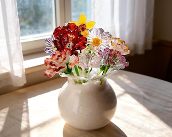 Birth Month Glass Flower Bouquet, Handmade Birth Flower Decor, Mini Glass Flower Arrangement, Birthday Flower Gift for Her, Desk Decor
