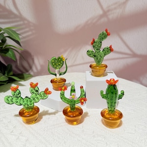 Handmade Blown Glass Cactus Figurine, Colorful Home Decor