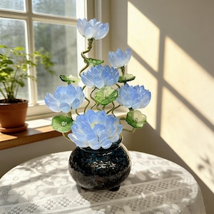 Handmade Blue Glass Flower with Pot, Lotus Style Art Glass Floral Sculpture, Elegant Home Decor Gift