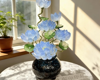 Handmade Blue Glass Flower with Pot, Lotus Style Art Glass Floral Sculpture, Elegant Home Decor Gift, Mother’s Day gift, Preserved flowers