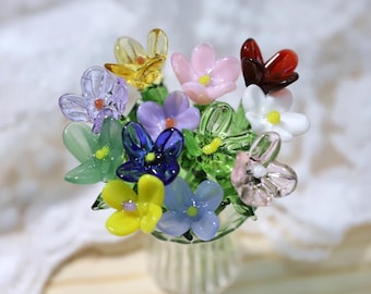 Handcrafted Glass Flower Bouquet, Mini Vase Decor, Floral Gift