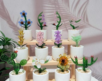 Handmade Glass Flower Pot Sculpture, Miniature Plant Decor