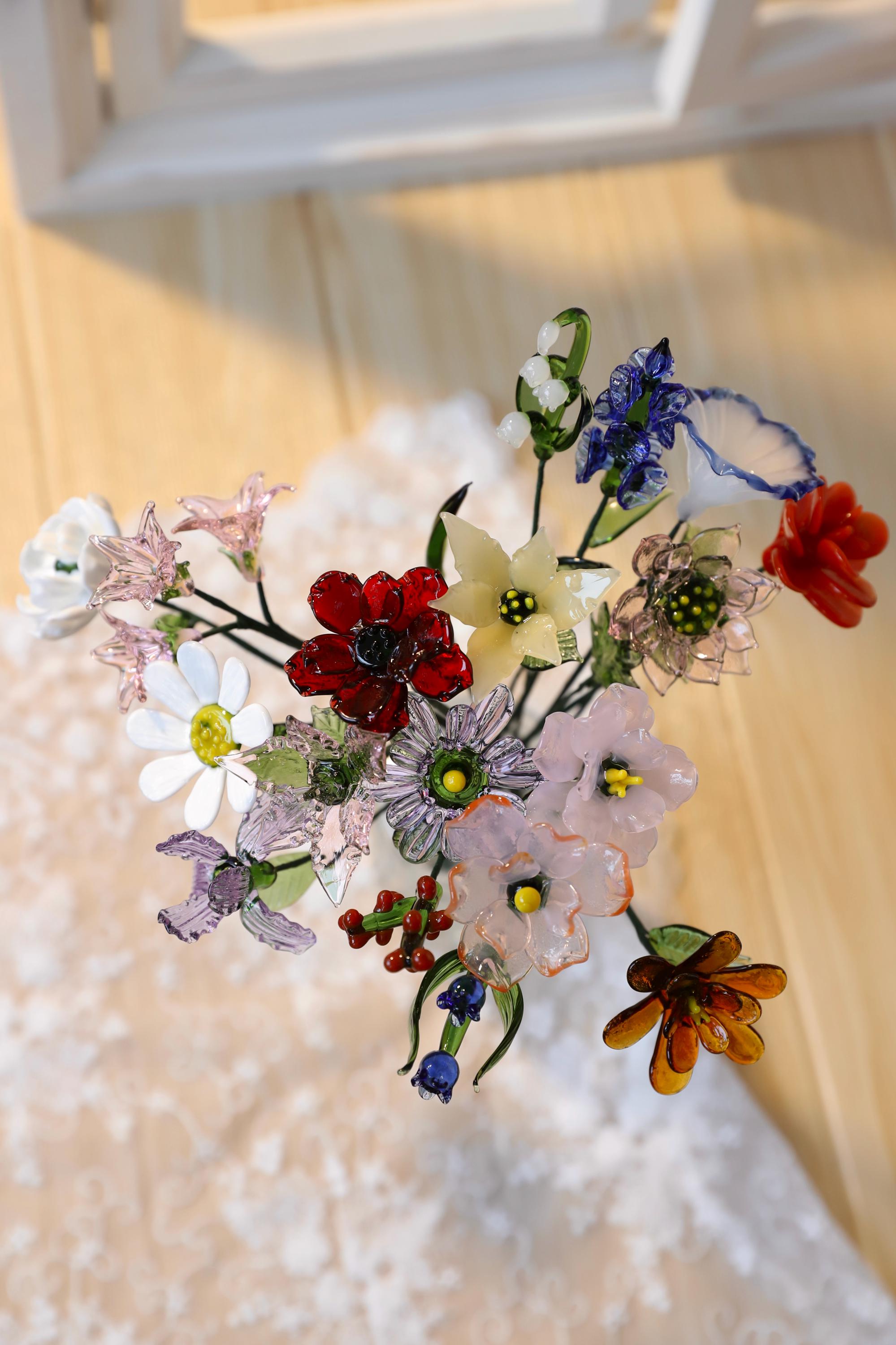 Handmade Glass Birthday Flower Bouquet, Mixed Stained Glass Wildflowers ...