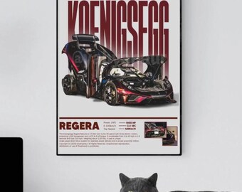 May include: A framed poster featuring a Koenigsegg Regera car with the text "KOENIGSEGG" in large, burgundy letters. The car is black and red with its doors open. A gray cat and headphones are in the foreground.