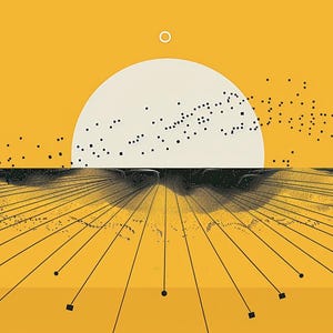 May include: Abstract art print featuring a large white semi-circle against a yellow background, with black dots and lines radiating from a dark area. A small circle is above the semi-circle. The artwork has a minimalist style.