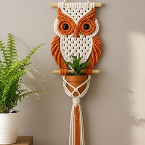 May include: A macrame owl wall hanging in orange and cream, holding a small terracotta pot with a green plant. The owl has large black eyes and is suspended from a wooden dowel. The hanging is approximately 12 inches wide.