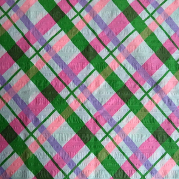 Plaid seer sucker fabric/ vintage seer sucker and plaid print/ pink lavender green white fabric/ 1 yard x 39 1/2" wide/ free shipping