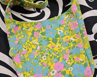 Yellow turquoise pink floral shoulder bag/ bright hippie flower vintage fabric bag