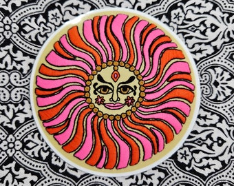 Trippy Sun Sticker: Embroidered Smiling Face, Bright Pink & Orange (3 inch)