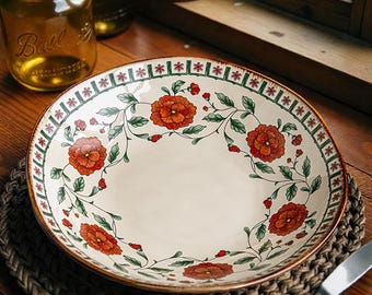 Cuenco de pasta de cerámica hecho a mano, borde de loto con peonía roja, estilo vintage