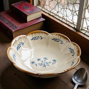 Puede incluir: Un cuenco de cerámica color crema con borde festoneado y borde marrón. El cuenco presenta diseños florales y de hojas azules. Una cuchara plateada descansa sobre la superficie de madera junto al cuenco. Dos libros antiguos son visibles en el fondo.