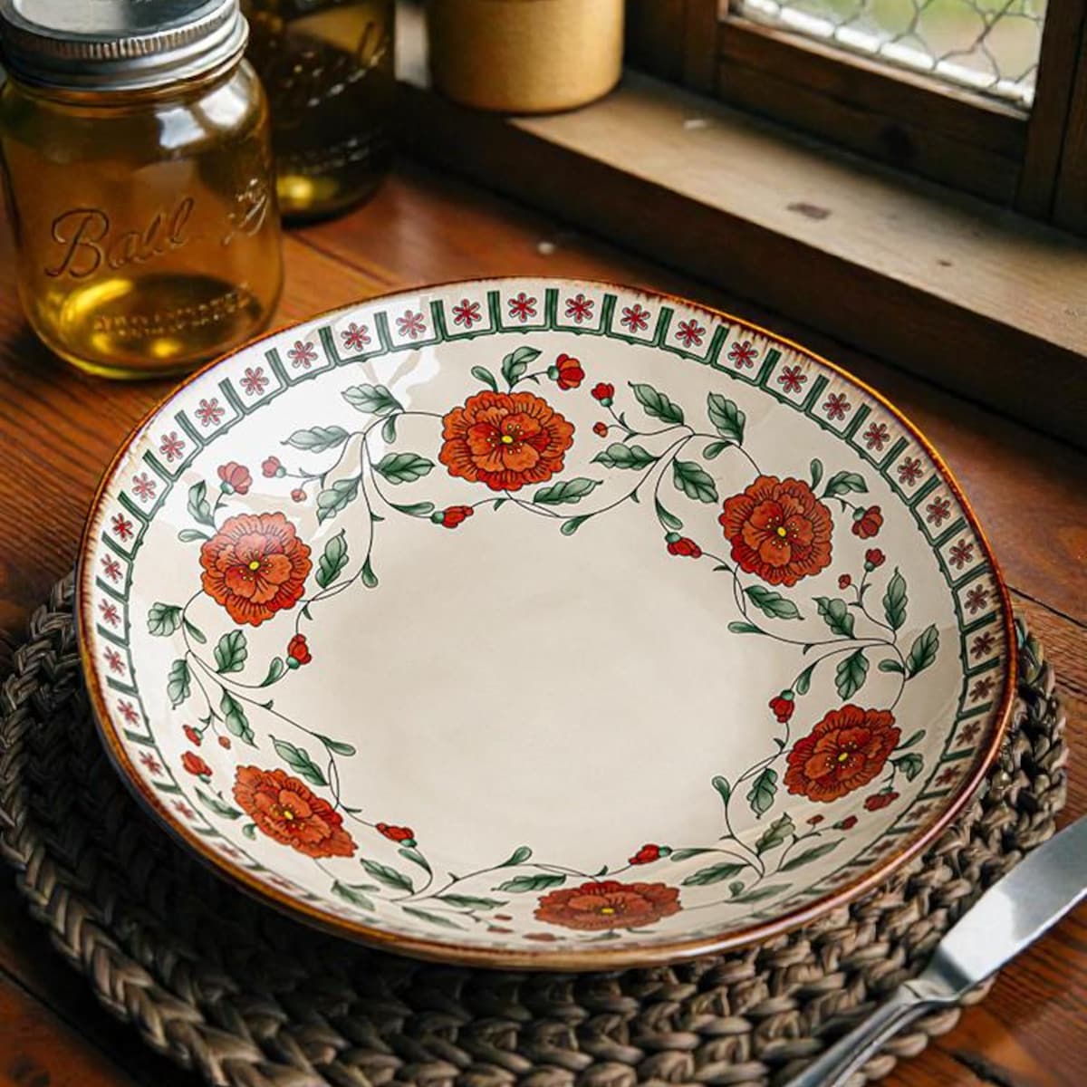 Handmade Ceramic Pasta Bowl, Red Peony Lotus Edge, Vintage Style
