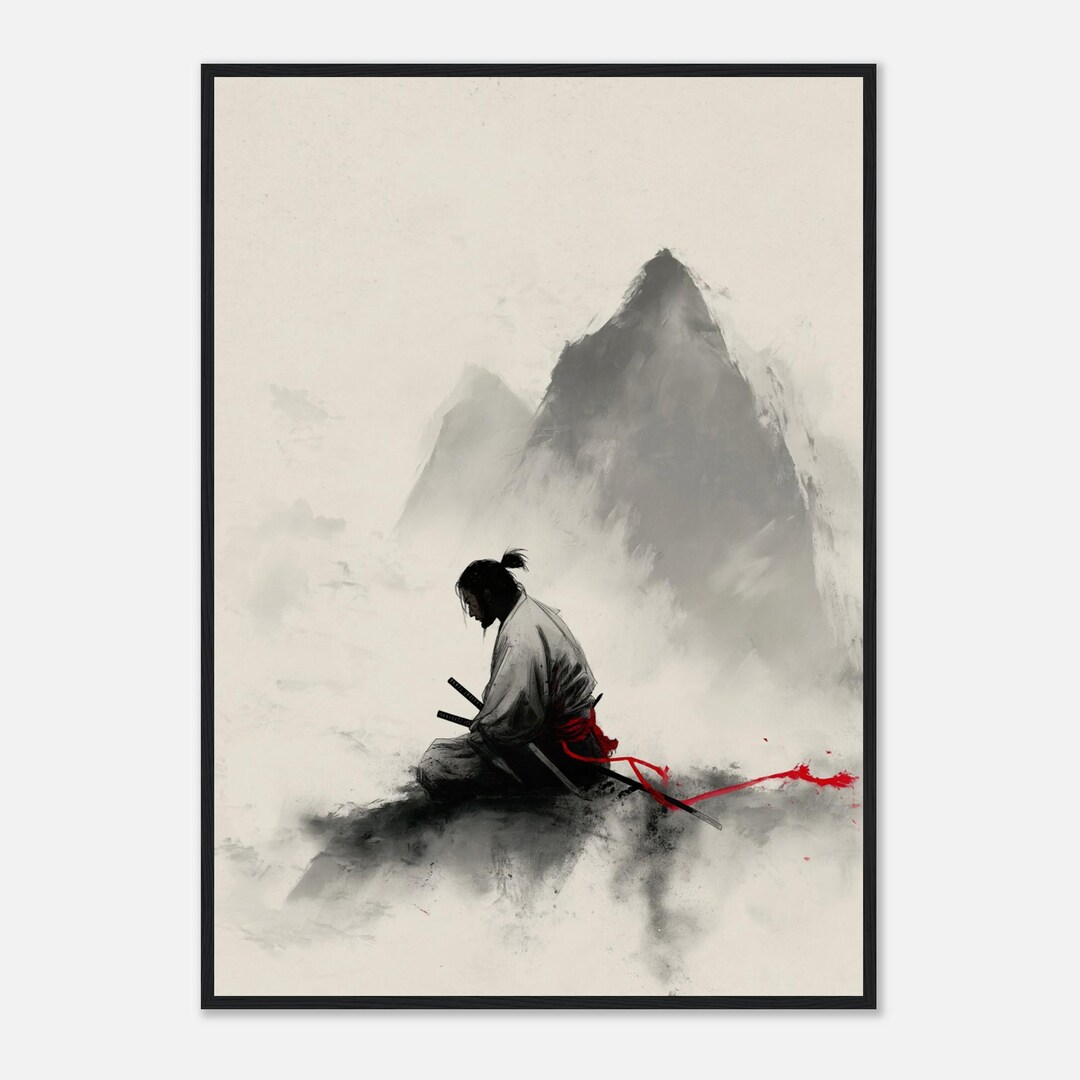 Subtle Samurai Samurai in the Mist – Framed Anime Wall Art in Sumi-ink Style, Misty ...