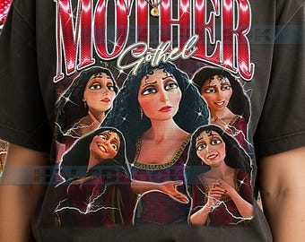 May include: Dark gray t-shirt featuring a graphic of the character Mother Gothel from the movie Tangled. The design includes the word "MOTHER" in a red, stylized font, with "Gothel" in a cursive font. The image shows multiple depictions of the character.