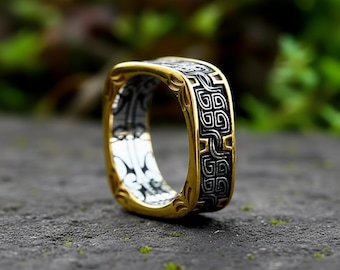 Wikinger-Quadratring für Männer und Frauen – Nordischer Schmuck, Amulett, Nordischer Ring aus Edelstahl, Vintage-Geschenk für Wikinger