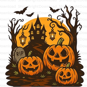 Può includere: Illustrazione a tema Halloween con un castello infestato, pipistrelli e zucche intagliate. L'immagine include una luna piena, alberi spogli e una lapide con "RIP". Le zucche hanno facce sorridenti, creando un'atmosfera spettrale e festosa.