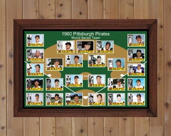 May include: A framed collage of baseball cards featuring the 1960 Pittsburgh Pirates World Series team. The cards are arranged in a diamond shape on a green background with a gold border. The team's name and the year are printed at the top of the collage.