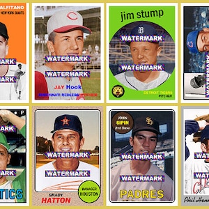 May include: A collage of 12 baseball cards featuring different players from various teams. The cards are in a grid format with a gold background. Each card has a player's photo, name, team, and position.