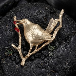 Vintage Gold Bird Brooch & Bookmark Set - Victorian Songbird Pin with Ruby Accents, Unique Stationery Gift for Her