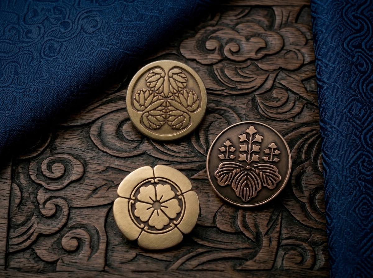 Japanese Samurai Clan Crest Brooch Set – Antique Bronze Kamon Pin