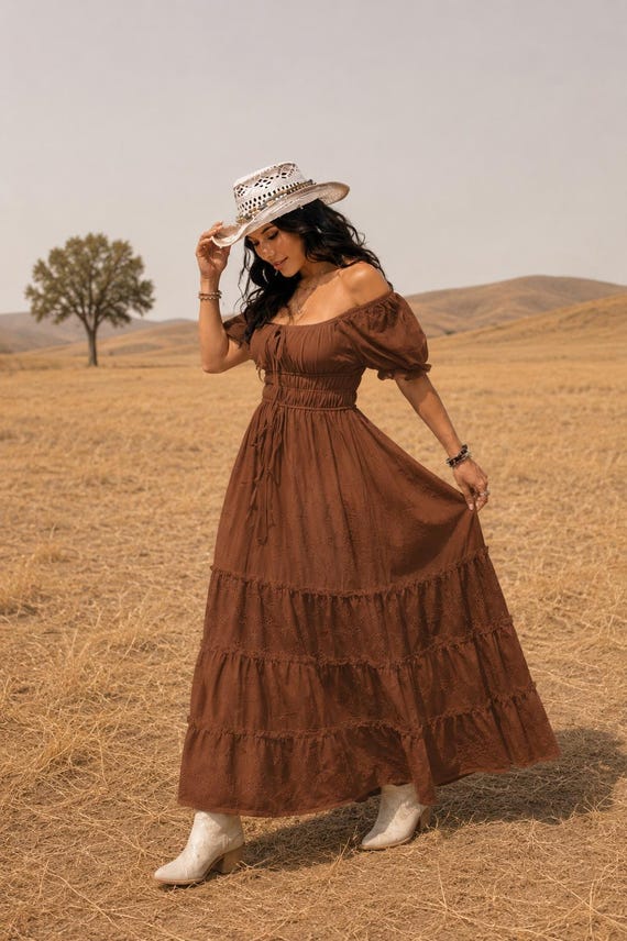 Boho Peasant Dress Women's Long Brown Cotton Boho Dress Romantic Peasant Dress Puff Sleeves Western Country