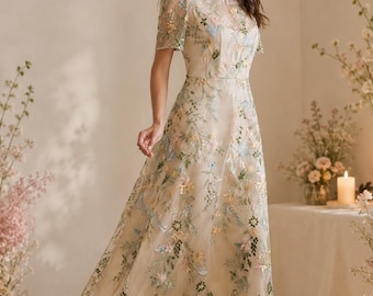 Beige Floral Embroidered Tulle Midi Dress with Pearl Neckline | Elegant Wedding Guest Dress | Romantic Party & Special Occasion Dress