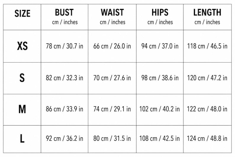 May include: A black and white size chart table with columns for size, bust, waist, hips, and length. The table lists measurements in both centimeters and inches for sizes XS, S, M, and L, providing specific numerical data for each category.