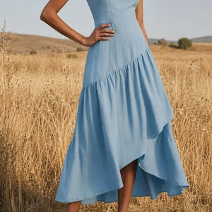 Robe midi asymétrique 100 % coton pour femme, robe bleu ciel élégante, robe d'été fluide, robe chic et décontractée, style bohème romantique