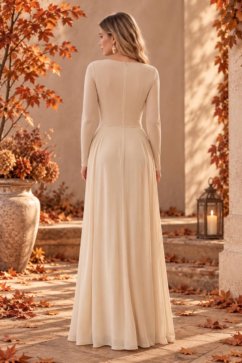 May include: A floor-length, long-sleeved dress in a solid beige color. The garment features a fitted bodice with a vertical center seam, a defined waistline, and a flowing, floor-length skirt. The back of the dress includes a visible vertical zipper.