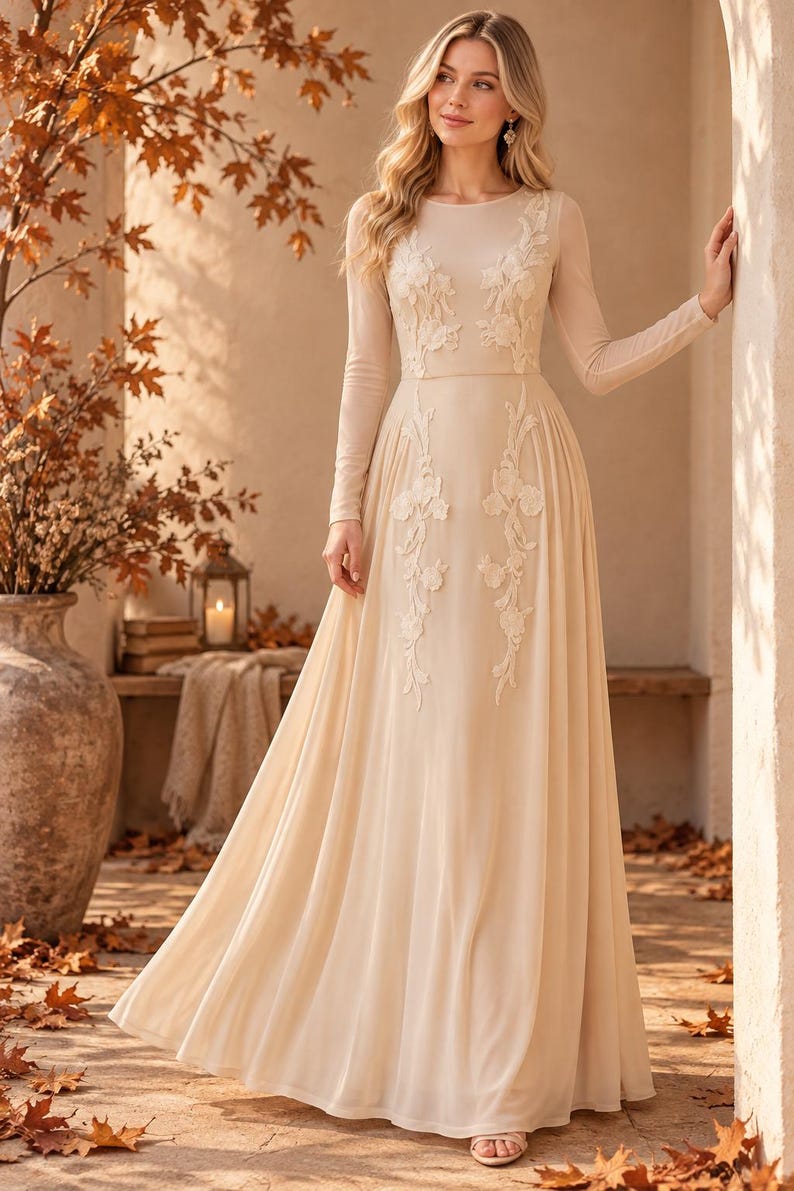 May include: A floor-length beige gown with long sleeves and a round neckline. The dress features sheer fabric on the upper bodice and sleeves, adorned with white floral embroidery that extends from the chest down to the waist and skirt area.