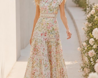 Romantic Floral Lace Maxi Dress, Cottagecore Wedding Guest Dress, Vintage Inspired Boho Dress, Feminine Garden Party Dress, Summer Maxi Dres