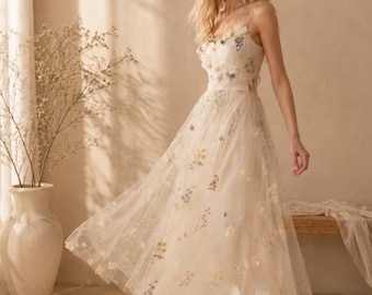 Floral Embroidered Tulle Maxi Dress for Women, Romantic Fairy Dress, Cottagecore Dress, Boho Wedding Guest Dress, Garden Party Dress