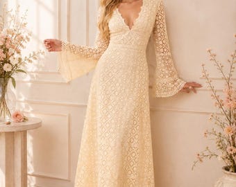 Ivory Lace Wedding Dress, Boho Bridal Gown, Long Sleeve Wedding Dress, Romantic Bohemian Bridal Dress, V Neck Maxi Dress, Elegant Bridal Gow