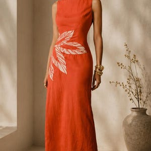 Women's Linen and Viscose Maxi Dress – Elegant Terracotta Orange Maxi Dress, Boho Chic Summer Dress, Casual Long Midi Dress