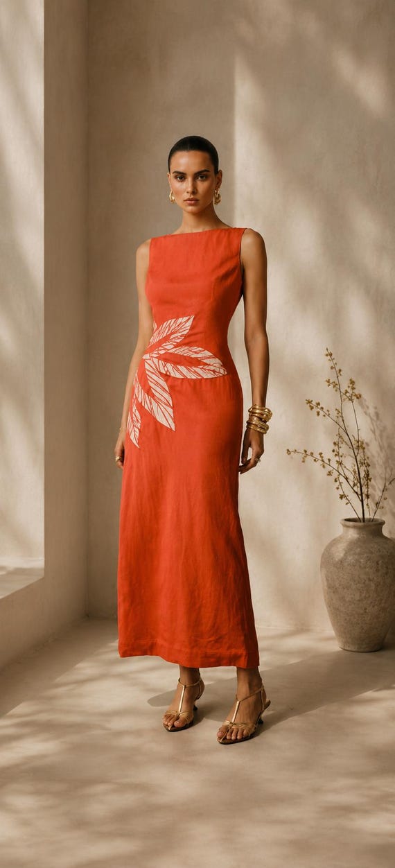 terracotta boho dress Women's Linen and Viscose Maxi – Elegant Orange Maxi Dress, Chic Summer Dress, Casual Long Midi Dress and everything in