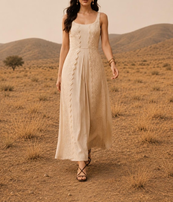viscose beach dress Women's Beige Linen and Maxi | Elegant Lace Dress | Boho Chic Summer Dress | Flowy Dress for Parties and Events Orana Black Rhinestone Sheer Apr202026 Size:XXL | ITA 48 | EU 44 | UK 16 | US 12 soft and loose fit