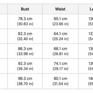 May include: A size chart table with columns for Size, Bust, Waist, and Length. Rows list sizes XS through XL with corresponding measurements in centimeters and inches. The XS bust is 78.3 cm (30.83 in), S is 82.3 cm (32.40 in), M is 86.3 cm (33.98 in), L is 92.3 cm (36.34 in), and XL is 98.3 cm (38.70 in). Waist and length measurements are also provided for each size.