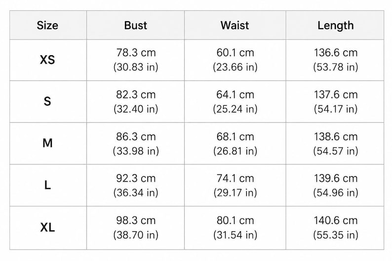 May include: A size chart table with columns for Size, Bust, Waist, and Length. Rows list sizes XS through XL with corresponding measurements in centimeters and inches. The XS bust is 78.3 cm (30.83 in), S is 82.3 cm (32.40 in), M is 86.3 cm (33.98 in), L is 92.3 cm (36.34 in), and XL is 98.3 cm (38.70 in). Waist and length measurements are also provided for each size.