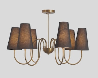 Mid-Century Modern Messing Kronleuchter, schwarze Leinen Schirme, 6-flammig Befestigung