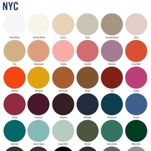 May include: A color palette chart from Blueprint Lighting NYC, featuring a 2021 Color Collection. The chart displays a variety of colors, including Stark White, Lipstick, and Midnight, each labeled with its name. The colors are arranged in circular swatches.