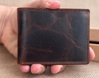 Personalisierte Premium Leder Geldbörse Herren Braun, Büffelleder Portemonnaie mit RFID, Handgefertigte Brieftasche, Geschenk für Vater