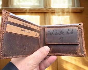Personalized leather Christmas wallet with handwriting, gift for him, boyfriend, husband, father, handmade genuine leather wallet with RFID protection
