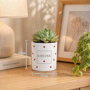 Peut inclure: Un pot de fleurs en céramique blanche, de 9,5 cm de haut et 8 cm de large, avec une plante succulente. Le pot est décoré de cœurs rouges et du nom "LOUISE" dans un carré noir. La plante a des feuilles vertes.