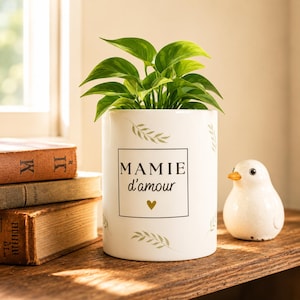 Peut inclure: Un pot de fleurs en céramique blanche avec le texte "MAMIE d'amour" dans un carré noir, contenant une plante verte. Le pot a un cœur doré et des accents de feuilles. Une petite figurine d'oiseau blanc avec un bec orange est à proximité. Des livres sont en arrière-plan.