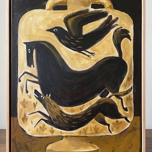 Original Acrylic Painting - Vessel with Animals - Horse, Bird and Fox - Greek Pottery Style Art