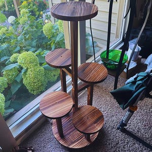 May include: A multi-tiered, wooden plant stand with a dark stain. The stand features six circular platforms of varying sizes, supported by vertical posts and angled supports. The plant stand is designed to hold multiple potted plants, and is placed near a window.