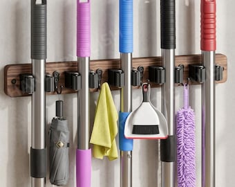 Wall Mounted Broom Holder | Laundry Room Organizer With 5 Slots | Broom Handle With 4 Hooks | Mop Broom Holder |  Farmhouse Organizer