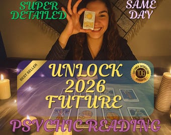 May include: A person holding a tarot card in front of their eye, with the text "SUPER DETAILED" and "SAME DAY". The image also includes the text "UNLOCK 2026 FUTURE PSYCHIC READING". Several tarot cards are laid out on a table.