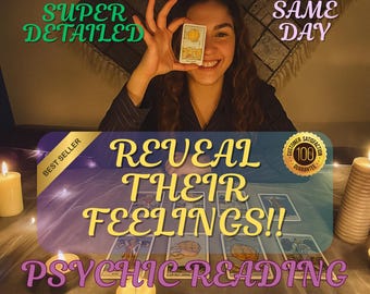 May include: Image of a person holding a tarot card in front of their eye. The image includes text that says "Reveal Their Feelings!!" and "Psychic Reading". The image also includes the words "Super Detailed" and "Same Day".
