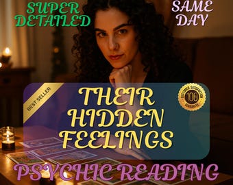May include: A woman with curly hair is seated at a table with tarot cards. The image includes text that reads "Their Hidden Feelings Psychic Reading" and "Super Detailed, Same Day, Best Seller, 100% Guarantee."